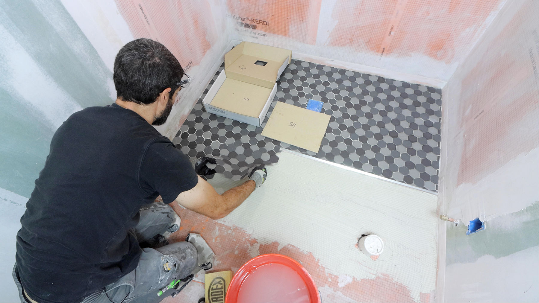 Tile Curbless Shower Floor (2×2 Hexagon Mosaics)