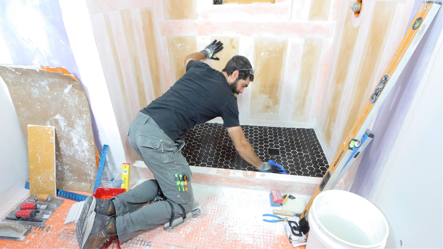 Setting Small Hexagon Shower Tray Tiles