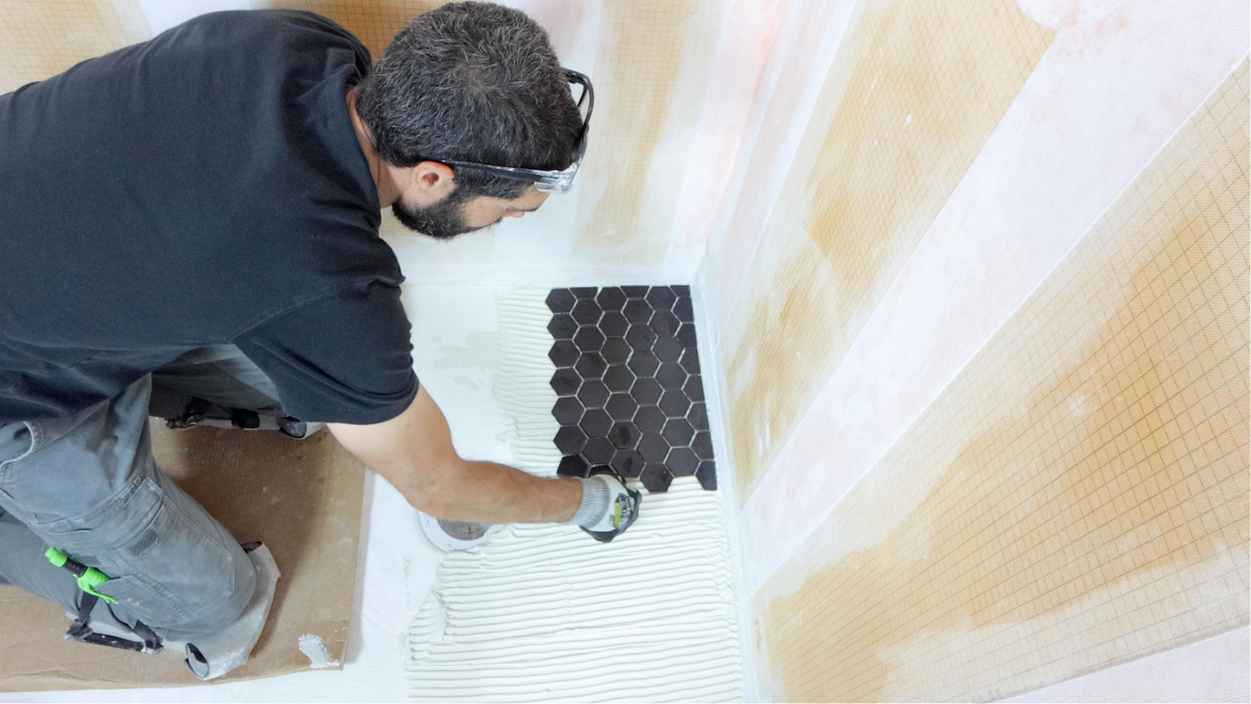 Tile Curbed Shower Floor (2 x 2 Hexagon Mosaics)